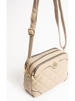 Çanta Trend Kadın Ayarlanabilir Çapraz Askılı 4 Bölmeli Kum Omuz ve Çapraz Çanta