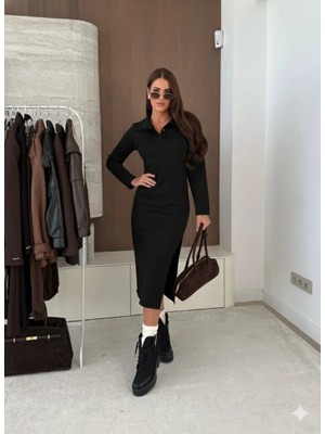 Çamaşır Kenti Kadın Uzun Kollu Yakalı Yandan Yırtmaçlı Midi Modal Elbise