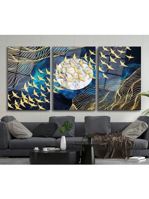 Marsilyan Soyut Kuşlar Üçlü Set Cam Tablo, Modern Ev Ofis Salon Duvar Dekoru Hediyelik Büyük Tablo Dekor