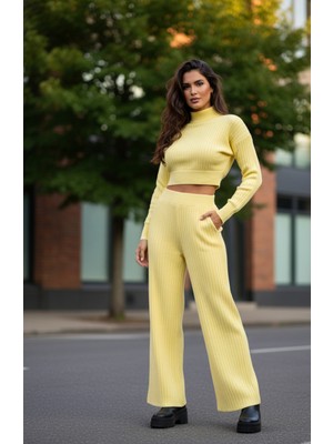 Yusgos Kadın Yarım Balıkçı Örgü Crop Kazak Pantolon Triko Alt-üst Takım