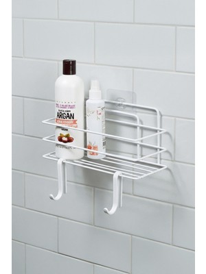 Sas Haus Tekli Beyaz Yapışkanlı Banyo Rafı + 2’li Askı Kanca Seti – Paslanmaz Metal Duş Şampuanlık (Yapıştır/vidala) – Tş-01