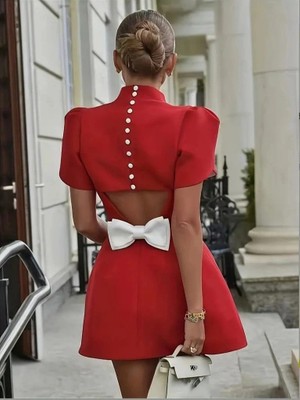 Çamaşır Kenti Kadın Kısa Kollu Balıkçı Yaka Arkadan Kelebek Dekolte Detaylı Kısa Atlas Elbise