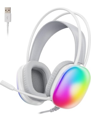 HT409 USB Kablolu Rgb LED Aydınlatmalı Mikrofonlu Kulak Üstü Gaming Kulaklık Beyaz (Beyaz)