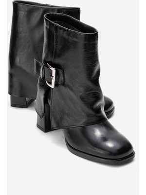 Luvi Lore Siyah Kırışık Rugan Hakiki Deri Tokalı Kadın Topuklu Bot