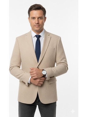 Plus Scorpion Erkek Bej Slim Fit Blazer Ceket – Çizgili Dokulu Kumaş – Çift Düğmeli