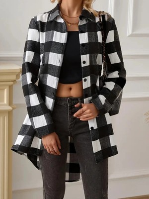 Çamaşır Kenti Kadın Uzun Kollu Ekoseli Önden Düğmeli Dokuma Uzun Gömlek