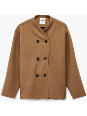 Koton Uzun Kollu Dik Yaka Düğmeli Kruvaze Kaşe Ceket