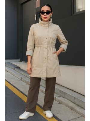 Comstar Kadın Çizgili Astarlı Basic Bej Kısa Trençkot