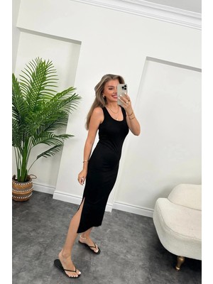 Çamaşır Kenti Kadın Çift Yırtmaç Detaylı Sıfır Kol Midi Boy Elbise