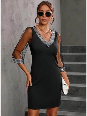 Çamaşır Kenti Kadın Uzun Kollu V Yaka ve Kol Ucu Pul Payet Krep Elbise