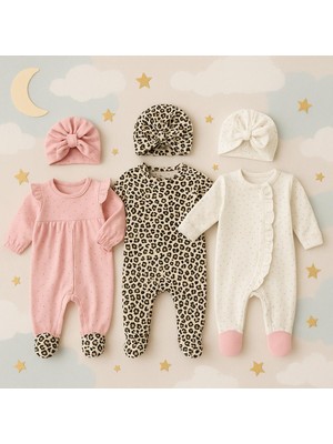 Aki moda kids kız bebek yenidoğan 3 adet şapkalı  pamuklu yenidoğan tulum takım set