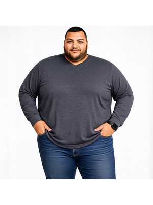 Sngl Erkek Büyük Beden Oversize Uzun Kollu V Yaka T-Shirt 3xl 4xl 5xl 6xl 7xl 8xl 9xl