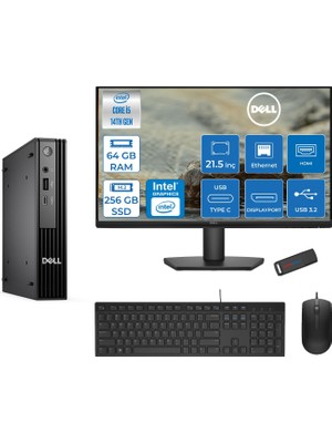 Dell Pc Pro Mıcro QCM1250 Intel® Core™ I5 14500T 64GB Ddr5 256GB SSD Intel® UHD Graphics 770 21.5 Dell Monitör Fhd  Freedos Mini Masaüstü Bilgisayar BTO00821F21+ZETTAUSBBELLEK