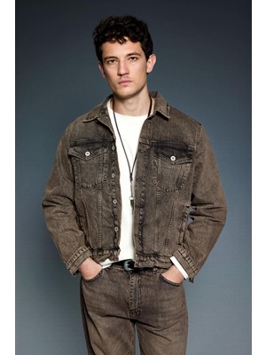 Abluka Online Erkek Boxy Fit Yıkamalı Denim Ceket Kahverengi