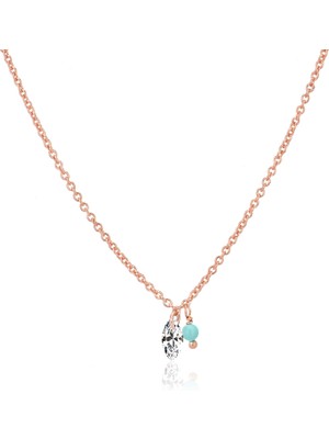 Emiliano Jewellery Zirkon Taşlı Pırlanta Montür Rose Altın Kaplama Turkuaz Boncuklu Gümüş Kolye
