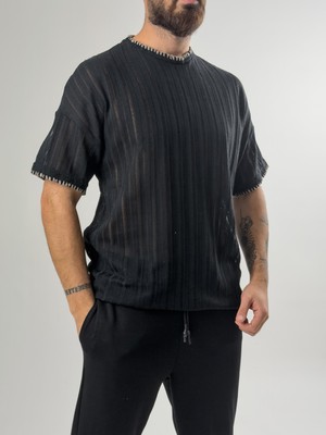 Cocopelli Yaka İp Detaylı Tasarım Erkek Siyah T-Shirt COC2611