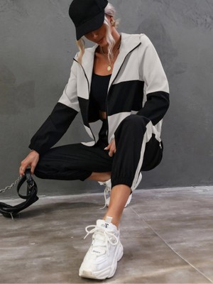 Bosel Kadın Uzun Kollu Kapşonlu Önden Fermuarlı Viskon Iki Iplik Bluz ve Pantolon Ikili Takım