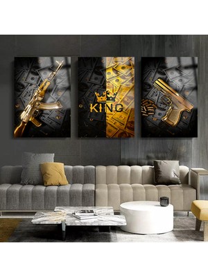 Marsilyan Gold Detaylı Tasarım Set Tablo 3 Adet Cam Tablo Ev Hediyesi Kırılmaz Lüks Modern Cam Tablo