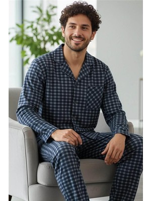 Lacivert Gri Ekose Desenli önden Düğmeli Elegant Erkek pijama takımı