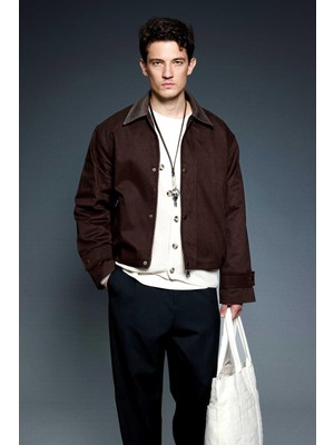 Abluka Online Erkek Boxy Fit Geniş Kesim Kontrast Yaka Premium Ceket Kahverengi