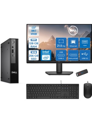 Dell Pc Pro Mıcro QCM1250 Intel® Core™ I7 14700T 128GB Ddr5 256GB SSD Intel® UHD Graphics 770 21.5 Dell Monitör Fhd  Freedos Mini Masaüstü Bilgisayar BTO00921F36+ZETTAUSBBELLEK