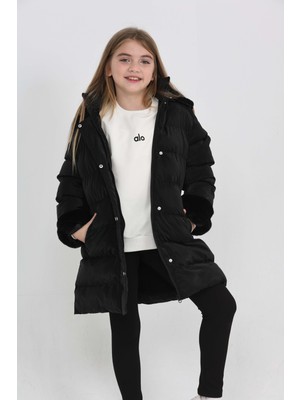 Ricalena 5-13 Yaş Kız Çocuk Mont Kapüşonlu, Kürk Detaylı, Pembe Şişme Kışlık Mont