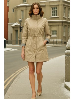 Comstar Kadın Kışlık Çizgili Bej Kısa Trençkot