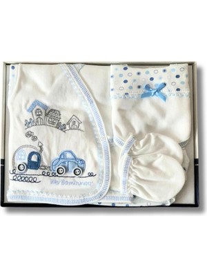 Yusgos Organik 5 Parça Araba Baskılı Yenidoğan Hastane Çıkışı Seti Mavi