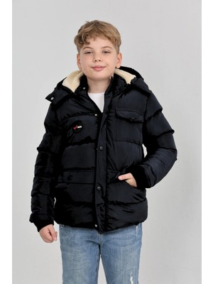 Ricalena Erkek Çocuk Kışlık Yoğun Elyaf Dolum Iç Kısmı Polar Astarlı Kapüşonlu Erkek Mont Kaban