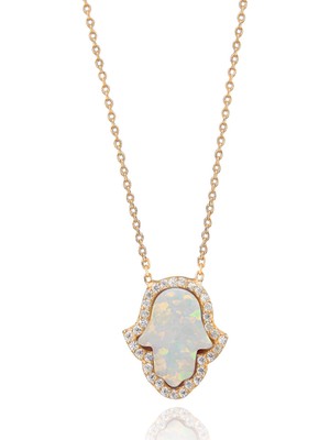 Emiliano Jewellery Zirkon Taşlı Pırlanta Montür Altın Kaplama Ortası Beyaz Opal Fatma Nın Eli Gümüş Kolye
