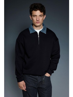 Abluka Online Erkek Denim Polo Yaka Yarım Fermuarlı Oversize Sweatshirt Siyah