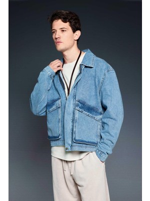 Abluka Online Erkek Oversize Cepli Denim Ceket Mavi