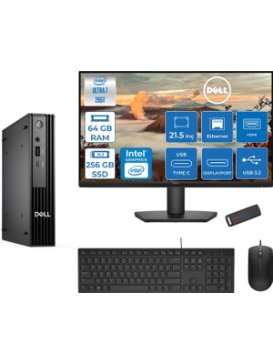 Dell Pc Pro Mıcro QCM1250 Intel® Ultra 7 265T 64GB Ddr5 256GB SSD Intel® GRAPHICS21.5 Dell Monitör Fhd  Freedos Mini Masaüstü Bilgisayar BTO10721F21+ZETTAUSBBELLEK