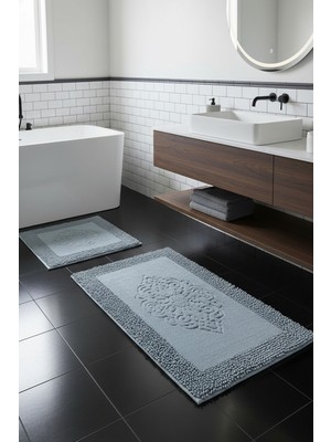 Chilai Home Piante Cotton Gri 2'li Set 60X100 cm 50X60 cm Banyo Halısı, Paspas Tpmk
