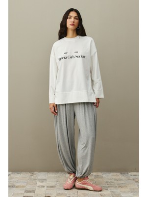 Fahhar Baskılı Kalın Katlamalı Sweatshirt Ekru