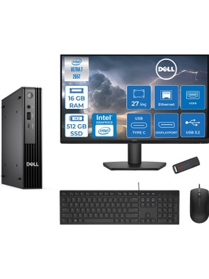 Dell Pc Pro Mıcro QCM1250 Intel® Ultra 7 265T 16GB Ddr5 512GB SSD Intel® Graphicsdell 27 Inç Fhd Mon.  Freedos Mini Masaüstü Bilgisayar BTO10727F02+ZETTAUSBBELLEK