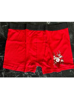 Biricik İç Giyim Yeni Yıl, Yılbaşı, Noel, Kırmızı Renkli, Geyikli, Noel Babalı, Desenli Erkek Boxer Hediye Paketli