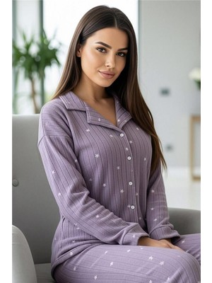 Lila Yıldız Desenli Önden Düğmeli Peluş Polar Pijama Takımı