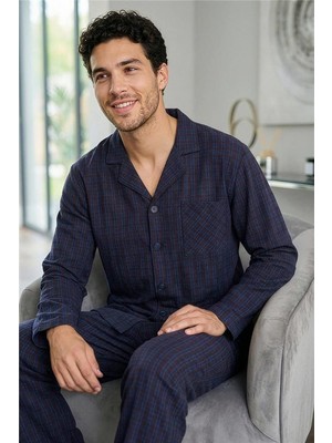 Lacivert Beyaz Ekose Desenli önden Düğmeli Elegant Erkek pijama takımı