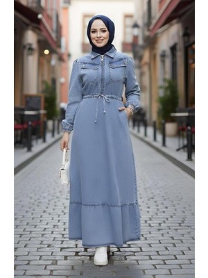 Kadın Cep Detaylı Fermuarlı Tesettür Mavi Kot Elbise