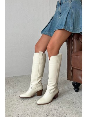 Straswans Nemy  Kadın Sivri Burun Hakiki Deri Çizme Bej