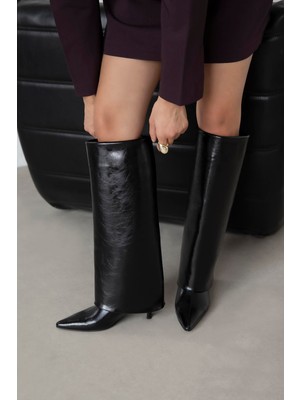 Straswans Zack Kadın Tozluk Detay Kırışık Deri Çizme Siyah