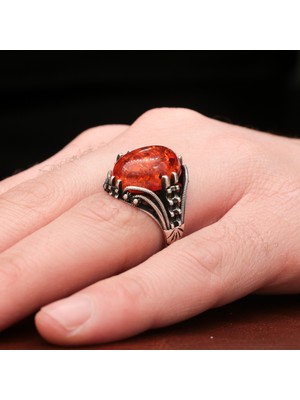 Mem Güney Silver Toz Kehribar Taşlı 925 Ayar Gümüş Yüzük