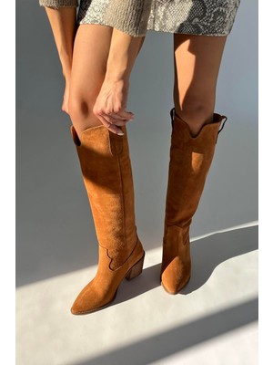 Straswans Nemy  Kadın Sivri Burun Hakiki Süet Deri Çizme Taba