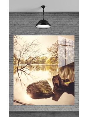 Göl ve Ağaçlar Dekoratif Temperli Cam Üzerine Tablo Sevgilinize Yılbaşı Hediye