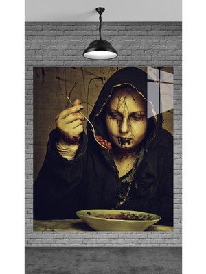 Meta Dekorasyon Yemek Yiyen Kadın Görseli Temperli Cam Üzerine Tablo Sevgilinize Yılbaşı Hediye