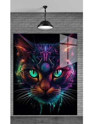 3D Kedi Görseli Temperli Cam Üzerine Tablo
