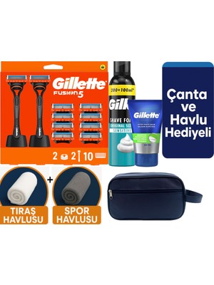 Gillette Fusion 2 Makine+10 Yedek Tıraş Bıçağı+2 STAND+300ML Köpük +Balsam+Çanta +Havlu Hediye