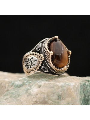 Mem Güney Silver Kaplangözü Taşlı Ağır Işçilikli 925 Ayar Erkek Gümüş Yüzük
