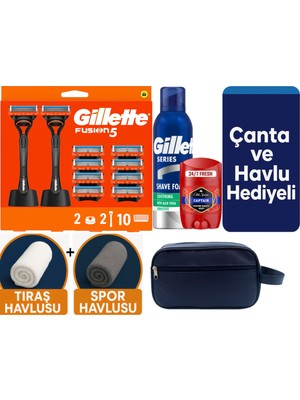 Gillette Fusion 2 Makine+10 Yedek Tıraş Bıçağı+2 STAND+200 ml Köpük +Old Spice Deo+Çanta +Havlu Hediye